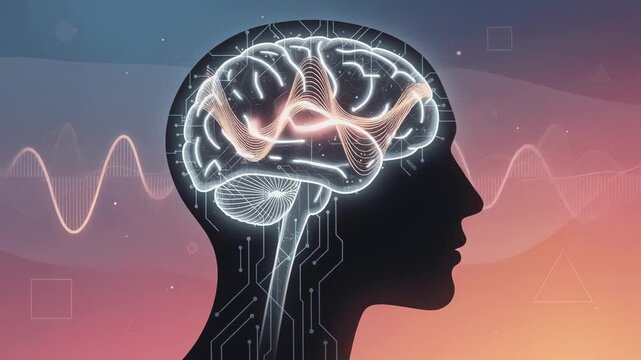 Digital animation of glowing human brain silhouette showing neural wave flow in vibrant colors