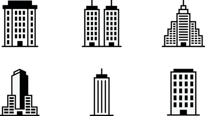 Obraz premium Modern Building Icon Set with Black and White Minimalist Skyscrapers Towers Corporate Offices and City Architecture Symbols for Web and App UI Design