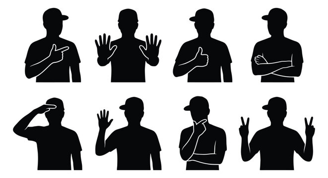 Set of silhouettes of a man in a cap with various hand gestures