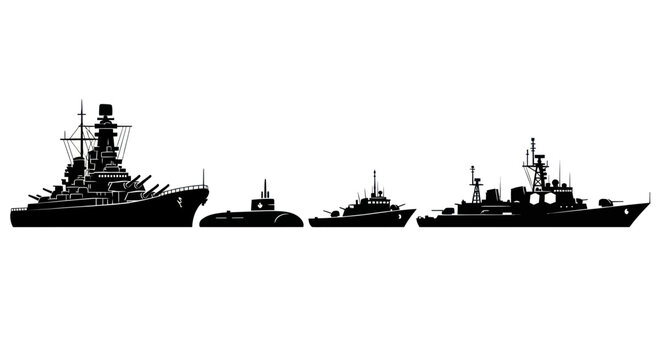 Silhouette Collection of Naval Warships, Battleship, Submarine, Destroyer, Corvette