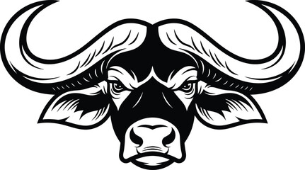 Obraz premium Aggressive African cape buffalo head logo in bold black and white vector style