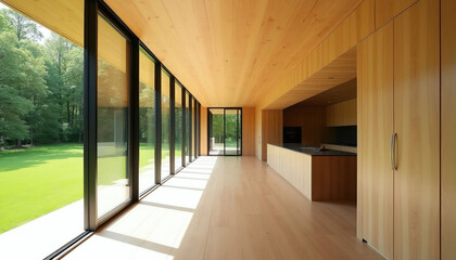Obraz premium Modern house interior with wood panels and large glass walls overlooking a green lawn and trees. Minimalist open space with kitchen island and built-in cabinets. Natural light fills the room.