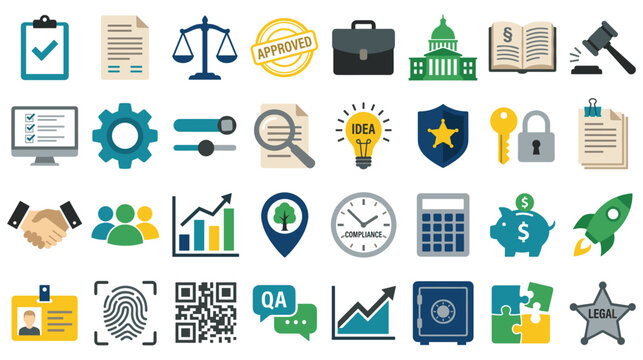 Law and compliance business flat icons set.