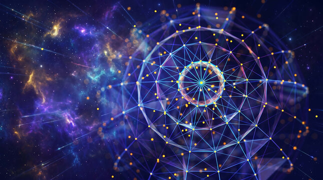 Abstract digital network sphere glowing in deep space with colorful cosmic nebula background