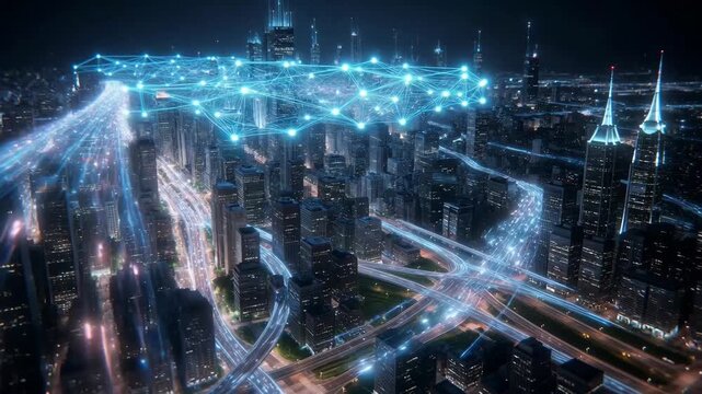 Illuminated cityscape with glowing data trails in futuristic style on night background, concept of global connectivity