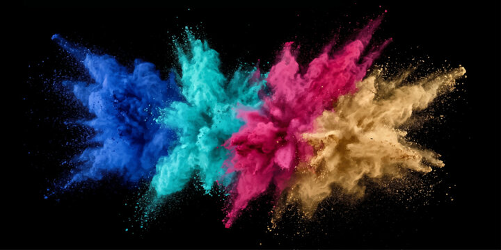 A vibrant explosion of colorful powders bursts forth in a dynamic and energetic display, creating a visually stunning and abstract composition.
