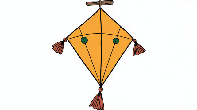 A yellow kite with green eyes and brown tassels on a string
