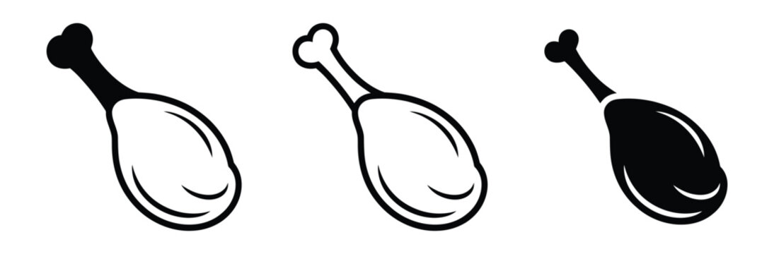 Three black and white icons of chicken drumsticks with bone on white background for food and meal concepts