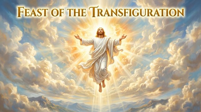 Jesus Christ transfiguration, floating in the air, surrounded by clouds and light, spiritual