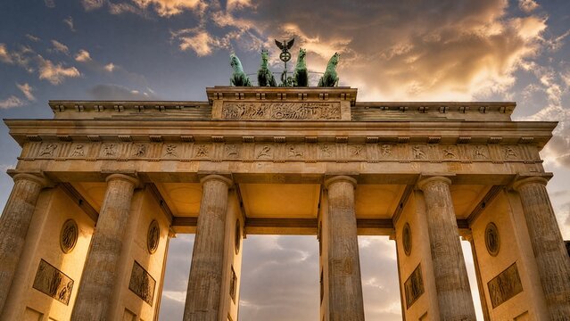 neo. Grand neoclassical columns with sculpted quadriga, bathed in warm golden hour light. real-estate listings.