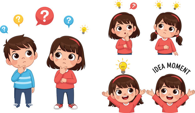  Cute Cartoon Kids Thinking and Idea Moment Character Set with Boy and Girl, Question Marks and Light Bulb for Education, School, and Children's Design Projects