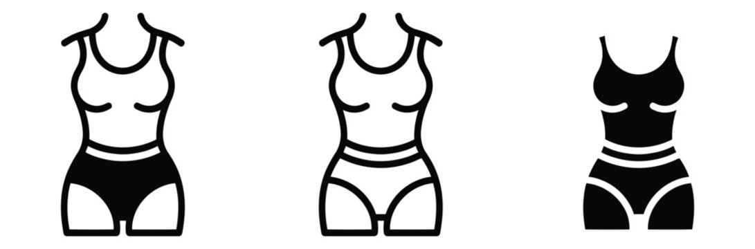 Three black and white female figures in different poses wearing sporty tank tops and shorts for fitness and athleticism concepts