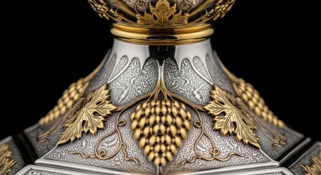 Intricate silver and gold chalice with grapevine motif and ornate detailing