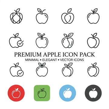 Premium apple logo vector icon pack, minimal elegant fruit line art designs