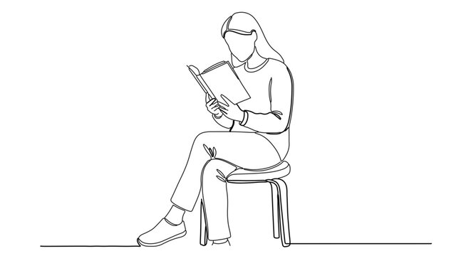 Continuous line drawing of a woman reading a book while sitting on a stool