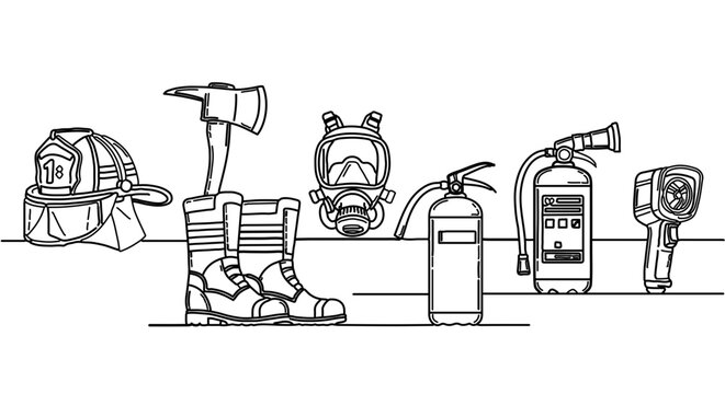 Firefighter equipment and tools set including helmet, axe, boots, gas mask, extinguisher and thermal camera