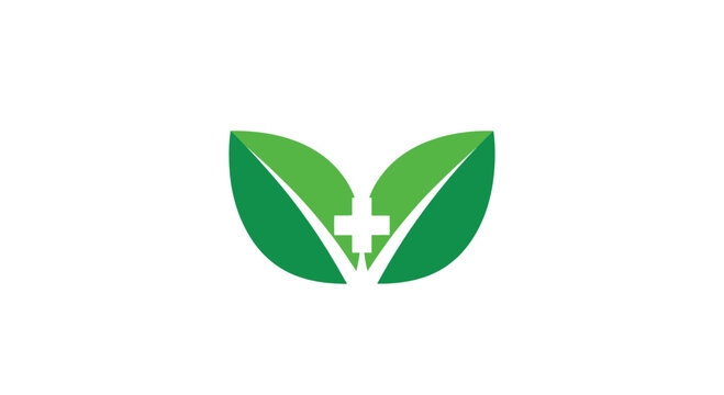 Green Leaves with a White Cross Symbolize Natural Health and Wellness Logo Designs