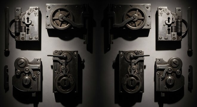 Collection of antique mechanical locks and clockwork mechanisms displayed on a wall.