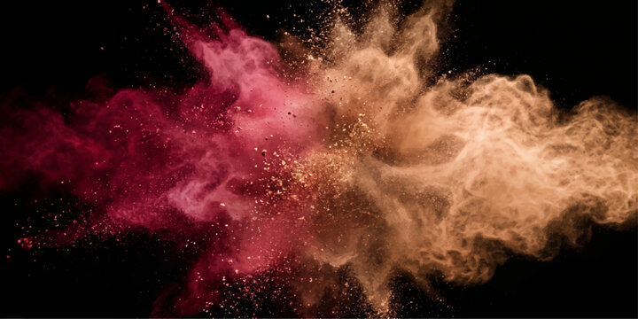 Explosion of vibrant colors, a dynamic clash of crimson and ochre powder paints a dramatic abstract composition against a stark black background.