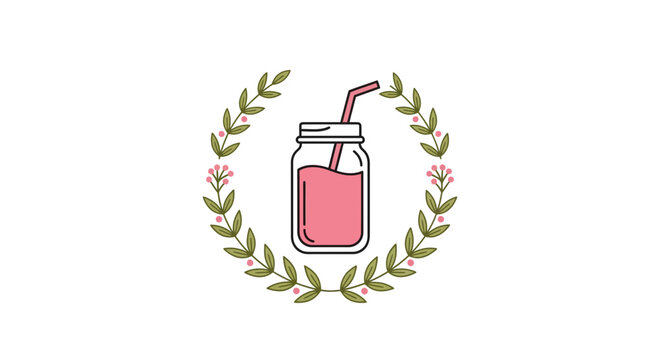 Healthy Beverage in Mason Jar Surrounded by Floral Wreath Illustration Design