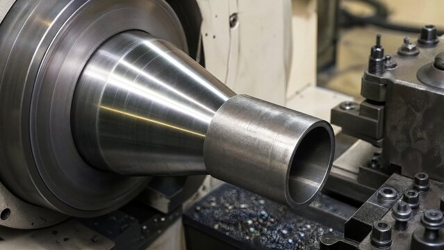 mandrel. A conical metal lathe mandrel rotating with an unfinished tube sleeve fitted over it. safety posters, maintenance manuals, designed for precision metalworking and fabrication facilities.