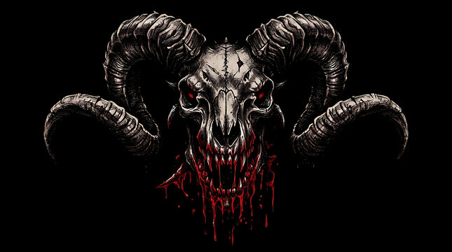 Dark ram skull illustration with dripping blood and large horns on black