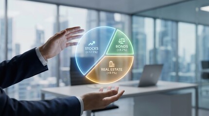 Obraz premium Diverse Investment Portfolio and Wealth Management Concept: Hands Interacting with Glowing 3D Holographic Pie Chart of Stocks and Bonds