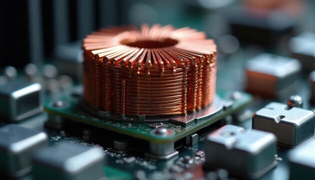 Close-up of copper coil transformer on circuit board. Electronic component for power supply. Metal winding for voltage control. High tech industry tech manufacturing.