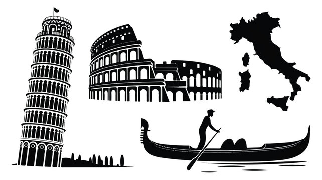 italian landmarks and map in black silhouette on white background