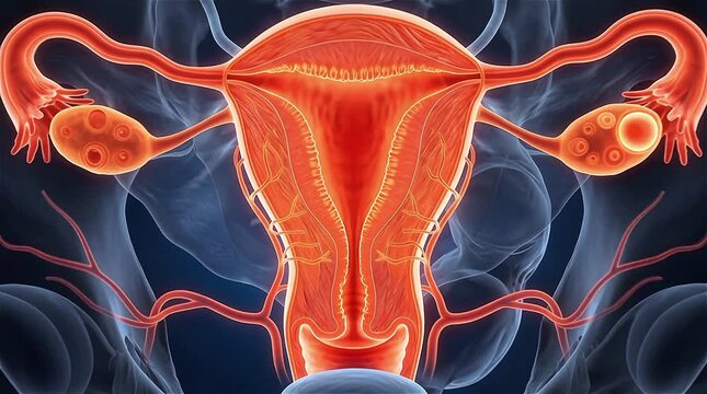 3D Medical Animation of Female Reproductive System Showing Uterus Fallopian Tubes and Ovaries with Glowing Red Orange Highlight Inside Transparent X-Ray Style Human Pelvis on Dark Blue Background
