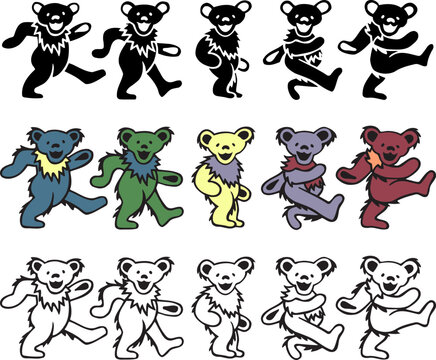 Grateful Dancing Bears Greatful Character Set Vector Illustration For Retro Shirt Design