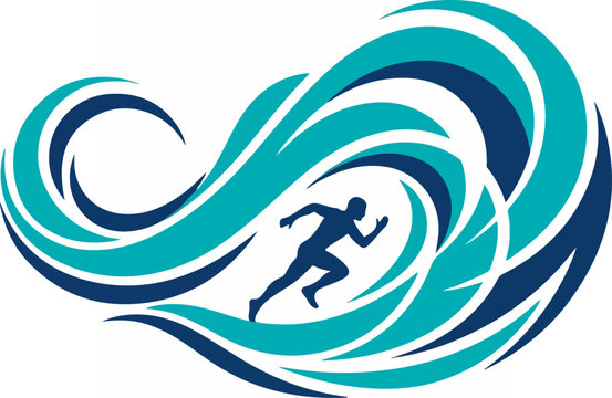 Abstract runner silhouette inside dynamic blue ocean wave symbol.