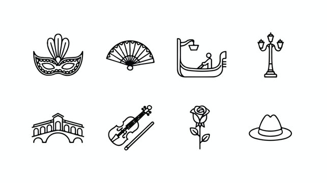 Line icons of Venetian carnival and music symbols on white background