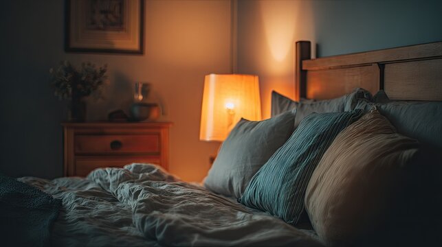 Cozy bedroom interior with warm lighting, soft pillows, wooden furniture, and inviting daytime atmosphere for relaxation and comfort