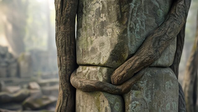 cinching. Close-up of thick vines tightly cinching around an ancient stone pillar, creating deep grooves. ESG reports.