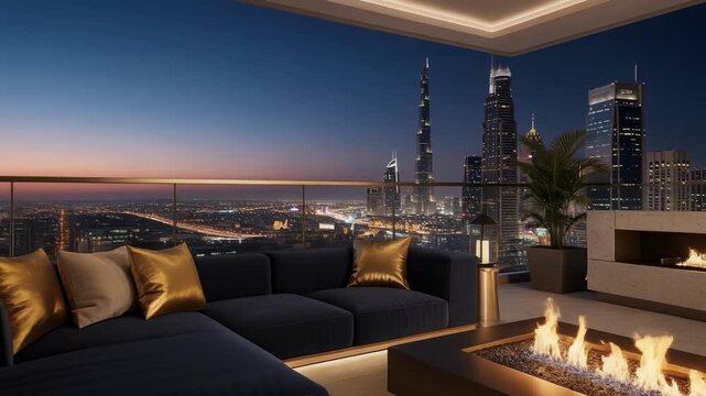 Luxury rooftop lounge with cozy fire pits and modern furniture at twilight for relaxing outdoor evenings