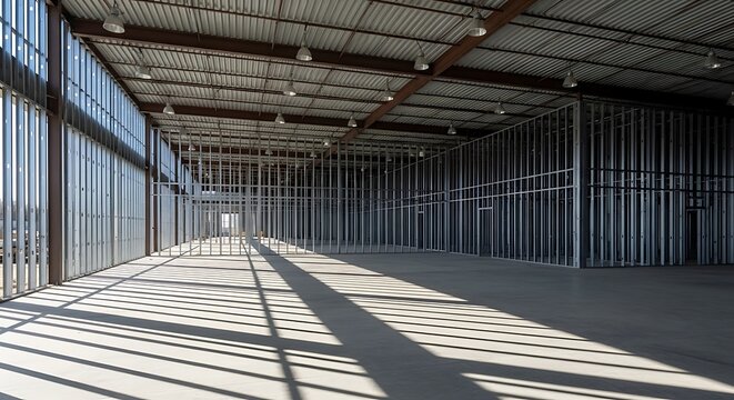 Interior construction site showing metal stud framing installation, galvanized steel profiles