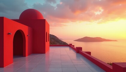 Fototapeta premium Modern red architecture building with dome overlooks calm ocean at sunset. Peaceful coastal seascape with islands, warm sky, soft clouds. Serene island view.