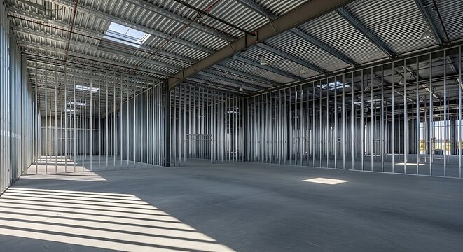 Interior construction site showing metal stud framing installation, galvanized steel profiles
