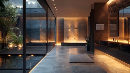 Fototapeta premium High end bathroom interior featuring black vanity and decor banner