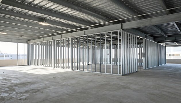 Interior construction site showing metal stud framing installation, galvanized steel profiles