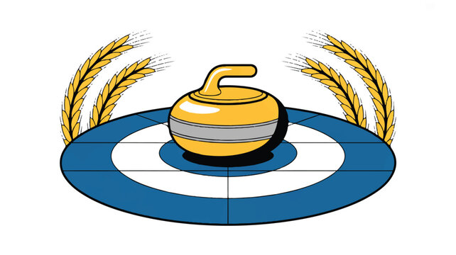 Curling stone on a blue and white target with wheat  winter sport