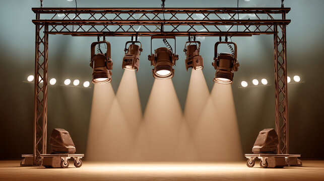 Professional stage lighting equipment with spotlights on a metal truss system