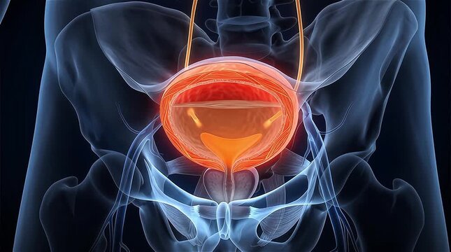 3D Medical Animation of Inflamed Human Urinary Bladder with Glowing Orange Red Highlight Showing Internal Wall Muscle Structure Ureters and Urethra Inside Transparent X-Ray Style Male Pelvis