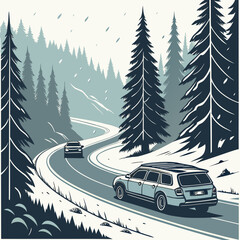 Winter road scene with automobiles and coniferous trees a stylized vector illustration automobile cars vehicle transportation © murad