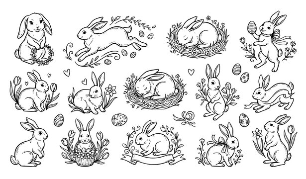 Hand Drawn Easter Bunny Outline Vector Collection with Sketch Style Holiday Rabbits