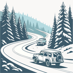 Vector illustration of a winding road through a coniferous forest with two automobiles showcasing a winter landscape © murad