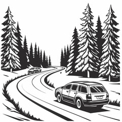Winter road scene with automobiles and coniferous trees a black and white vector illustration cars vehicles © murad
