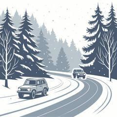 Winter highway scene with coniferous trees and automobiles a monochromatic vector illustration arctic automobile backdrop branch © murad