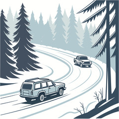 Winter forest road scene with two vehicles a vector illustration in shades of blue and gray © murad